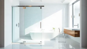 Elegant shower sliding doors in a modern bathroom, showcasing luxury and style.