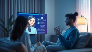 AI girlfriend interacting with a user in a modern digital setting, showcasing advanced AI features.