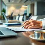 Completing the eta uk application form at a professional workspace with modern elements.