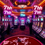 Engaged players enjoy popular slot machines at 7hh casino, with vibrant lights and luxurious decor.