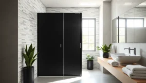 Transform your bathroom with a chic black shower door, highlighting modern design and elegance.