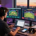 Engaged v9bet player enjoying sports and casino gaming in a vibrant home office.
