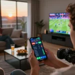 Engaged user on smartphone using ATQ 8xx betting app during live sports event
