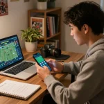 Betting expert engaging with mm88.green app on smartphone for strategic sports betting.