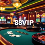 Dynamic gambling scene featuring Nhà Cái 68VIP with poker chips, roulette, and vibrant slot machines.