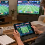 Sky88 betting session showcasing a user actively placing wagers on sports events with a tablet in a cozy home environment.