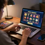 Playing online casino slots with free credit no deposit in a cozy home office setup.