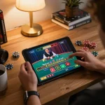 TG88 user playing live dealer blackjack on a tablet at home, showcasing online casino gaming.