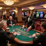 Experience strategic gameplay with Da88 at an elegant blackjack table in a busy casino atmosphere