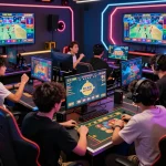 Players enjoying a lively game of tài xỉu online in a vibrant gaming setup.