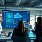 Cloud traceability software interface displayed in a professional office setting with a diverse team collaborating.