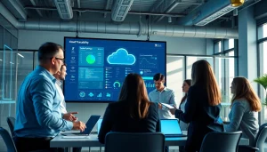 Cloud traceability software interface displayed in a professional office setting with a diverse team collaborating.