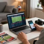 Engaging in live sports betting on 789F from home with a laptop and smartphone.