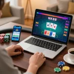 Engaging NK88 online poker gameplay with player at desk, showcasing strategic betting options and app interface