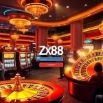 zx88 đăng nhập in a vibrant online casino scene featuring poker chips and slot machines.