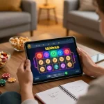Enjoying a fun night playing tải hitclub on a tablet in a cozy home setup