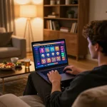 Player engaging in online pokies at AUDPlay from home, showcasing a cozy and comfortable gaming environment.