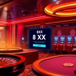 Experience 8XX đăng nhập with excitement in a vibrant casino setting featuring roulette and poker tables.