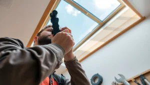 Expert Velux repairs with a technician displaying craftsmanship and care in skylight maintenance.