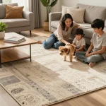 A family enjoying a cozy living room with affordable carpets London, showcasing a stylish beige and grey design.