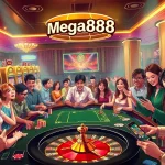Mega888 casino scene with players engaging at a gaming table, capturing the thrill of online gambling.
