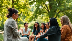 Encouraging discussion on mental wellness in a serene outdoor setting