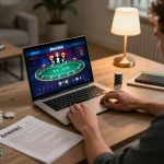 3Win user engaging in online poker, showcasing strategies and bankroll management in a cozy setup