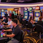 Enjoying zumospin free spins at a lively casino scene with diverse players and vibrant slot machines.