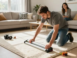 Carpet fitters near me installing plush carpet in a cozy living room, showcasing tools and happy homeowner.