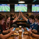 SBOBET users engaged in live sports betting, surrounded by excitement in a sports bar.