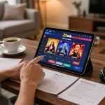 Person enjoying an engaging session on the 23win online casino interface with cozy home elements.