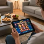 Xo88 player engaging with mobile casino app in cozy living room, showcasing strategic online gambling.