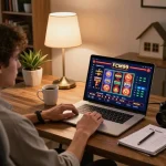 Player engaging with FCM99 online casino on a stylish home gaming setup with laptop and notes.