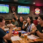 Fans engaging in live sports betting and kèo nhà cái hôm nay excitement at a lively sports bar