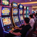 Engaged players spinning slot machines in a colorful casino environment