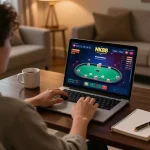 Player engaging with the NK88 casino platform in a luxurious home office setting