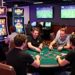 Exciting gaming atmosphere at az888.com showcasing poker and slot machines with vibrant lights.