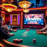 Okwintv casino scene showcasing a thrilling poker game with vibrant lighting and sports streaming.