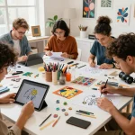 Designing custom pins in a vibrant workshop with artists collaborating on colorful pin projects.