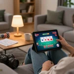Player enjoying a poker game on tablet at home, showcasing Super222's easy online access.