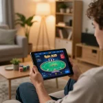 Player engaging with SpinAUD online casino on tablet, enjoying home gaming experience.
