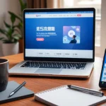 现代工作空间中，笔记本电脑上显示的快连官网界面，突出无缝 VPN 连接与高效工作氛围。