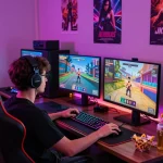 Engaged gamer enjoying a realistic sex game experience on PC with vibrant lighting.