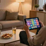 Player experiencing thrilling slot games on their tablet at home with Seri33's free credits.