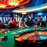 A thrilling casino scene at https://luongsontv5.com/ showcasing a dynamic poker game with colorful chips and cards, illuminating the excitement of gambling.