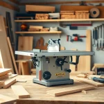 A table mitre saw on a well-organized workbench in a modern workshop.