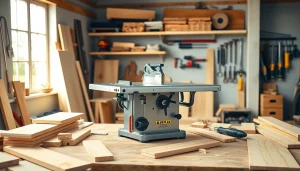 A table mitre saw on a well-organized workbench in a modern workshop.