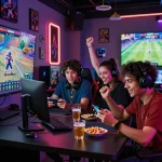 33WIN players enjoying thrilling gaming experiences in a modern lounge filled with neon lights and sports visuals.