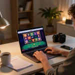 Experience FLY88 online casino with a stylish gaming setup showcasing poker and slots in a cozy atmosphere.