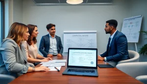 Lawyers for business setup in the US discussing company registration with clients in a professional office.